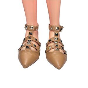 Tan Studded Pointed-Toe Ankle Strap Flats By MIX No.6 Size 7.5 Faux Leather Wome